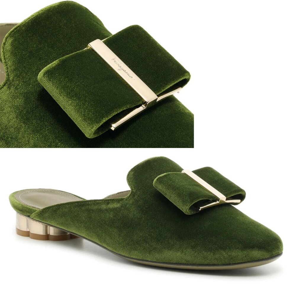 SALVATORE FERRAGAMO SHOES SCIACCA GREEN VELVET BOW MULES sz 8
